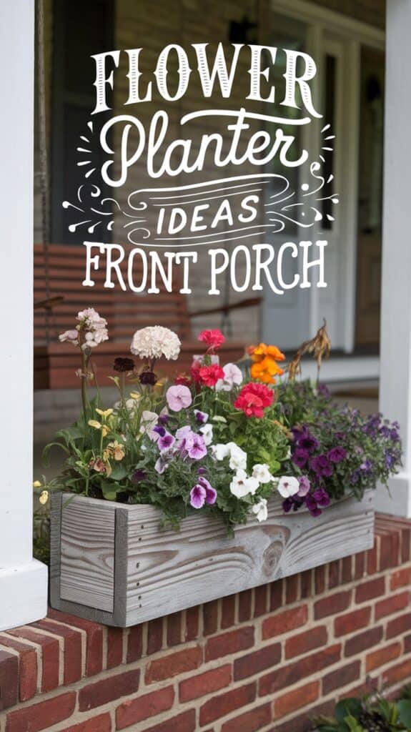 Wooden flower planter with colorful blooms on a brick porch, with decorative text about front porch flower planter ideas.