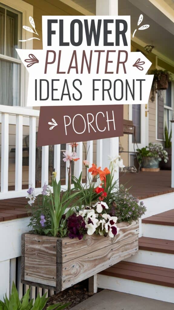 Wooden flower planter attached to a porch railing, filled with colorful flowers; text reads "Flower Planter Ideas Front Porch."
