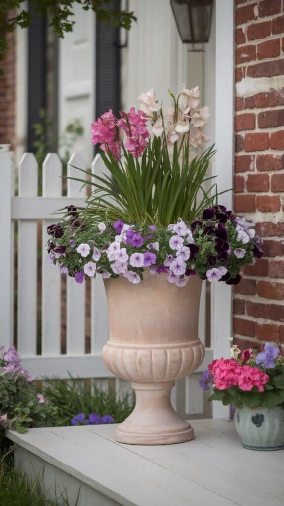 A large stone planter filled with pink and purple flowers sits on a wooden porch beside a white picket fence.