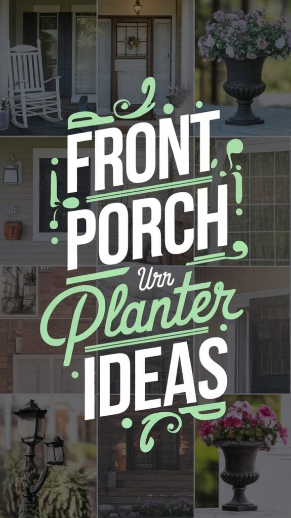 Collage of front porch planters and decorations with the text "Front Porch Urn Planter Ideas" in bold letters.
