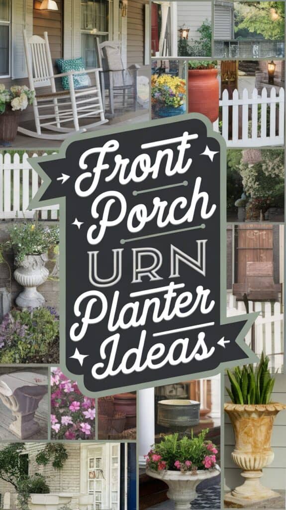 Collage of various porch urn planters with the text "Front Porch Urn Planter Ideas" in the center.
