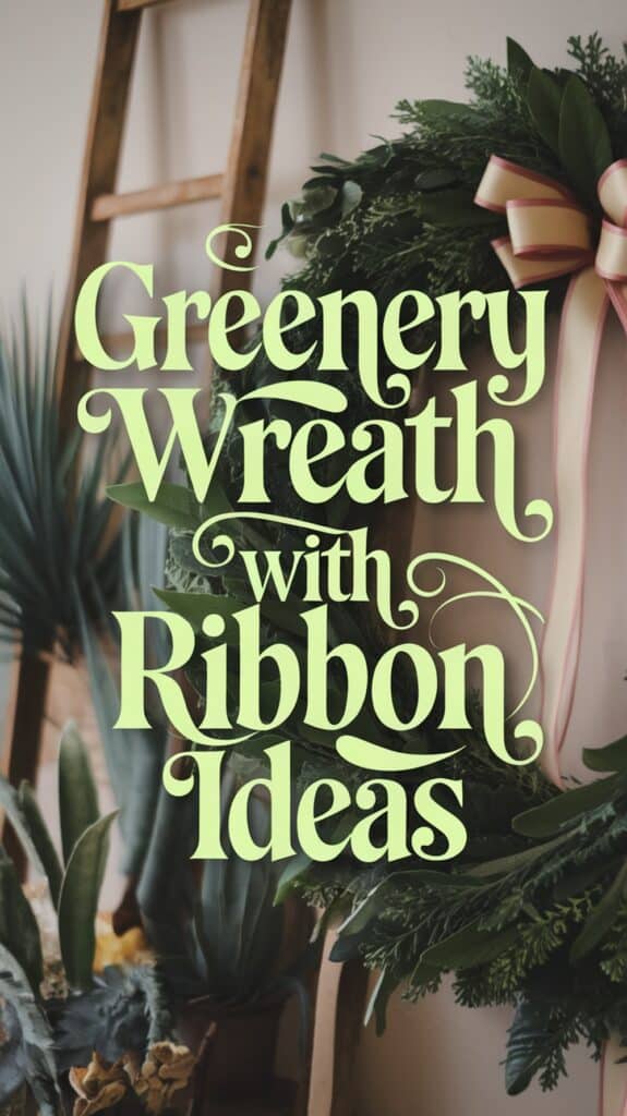 Festive evergreen wreath with ribbon decoration next to a wooden ladder and plants.