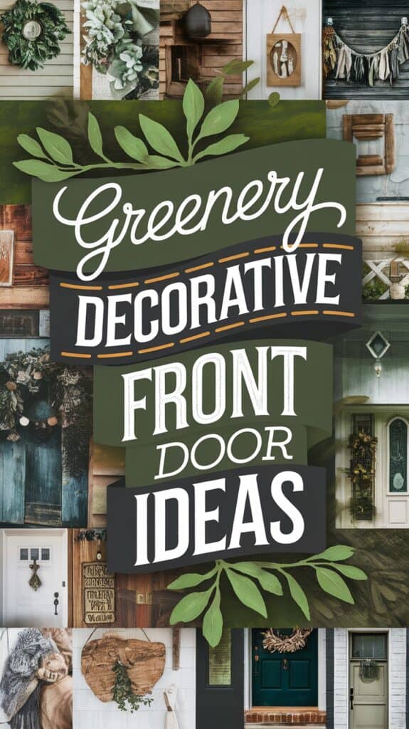 Collage of various front doors with greenery decorations and the text "Greenery Decorative Front Door Ideas."