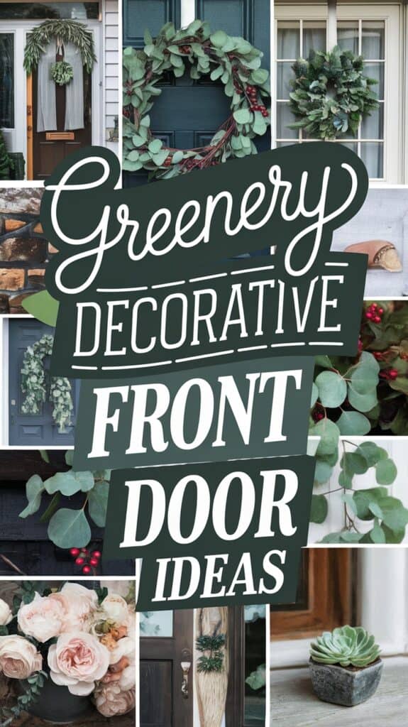 Collage of front doors decorated with greenery and succulents, featuring the text "Greenery Decorative Front Door Ideas."