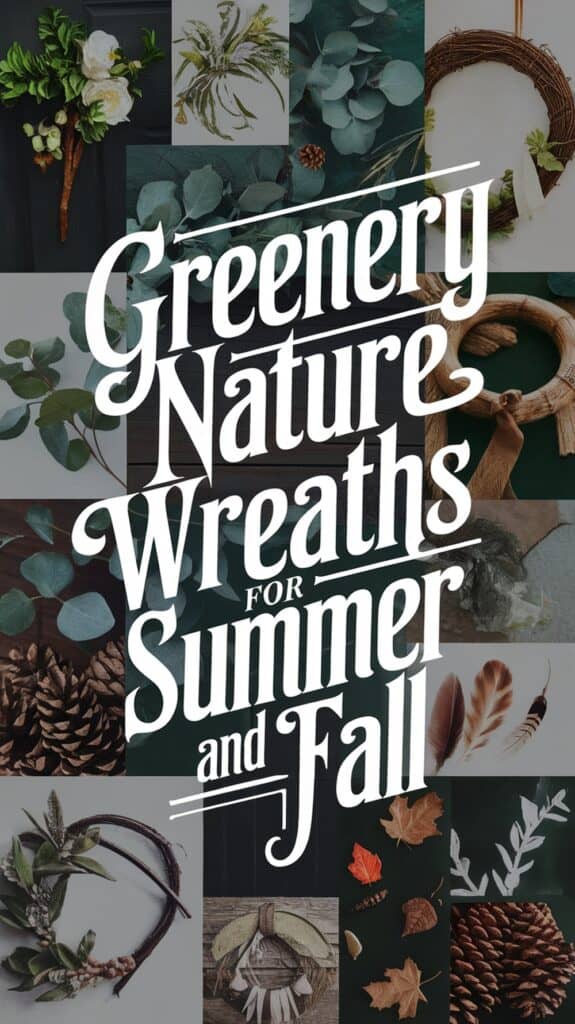 Collage of nature-themed wreaths and greenery with leaves, pinecones, and feathers, featuring the text "Greenery Nature Wreaths for Summer and Fall."