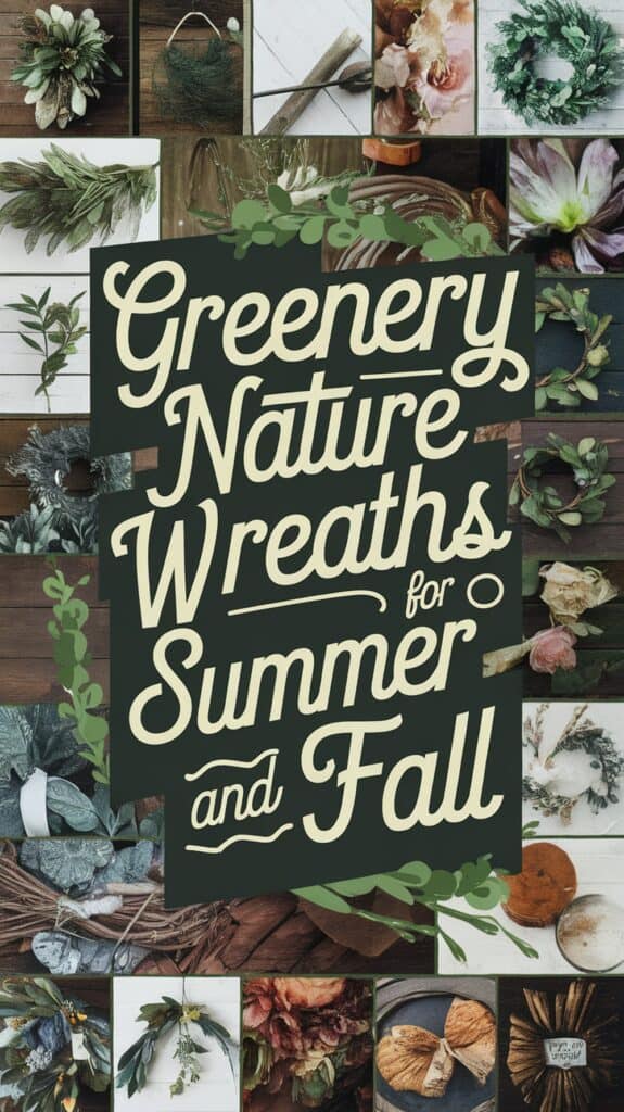 Collage of nature wreaths with text: "Greenery Nature Wreaths for Summer and Fall."