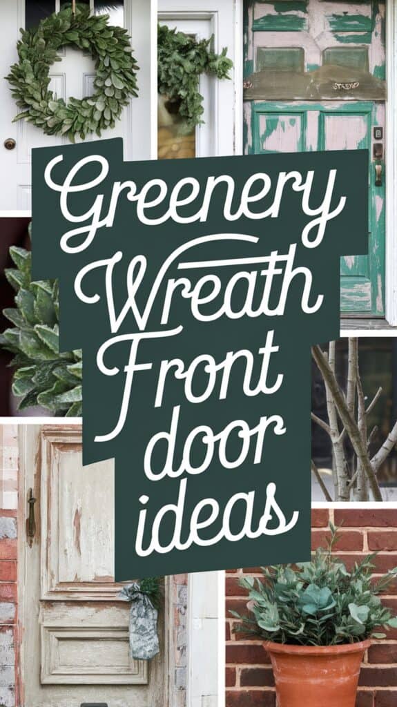 Collage of greenery wreaths and front door decor ideas, featuring rustic and vintage door styles.