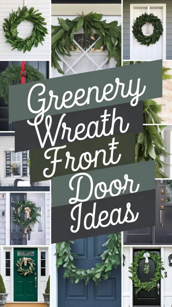 Collage of different green wreaths on front doors with the text "Greenery Wreath Front Door Ideas."