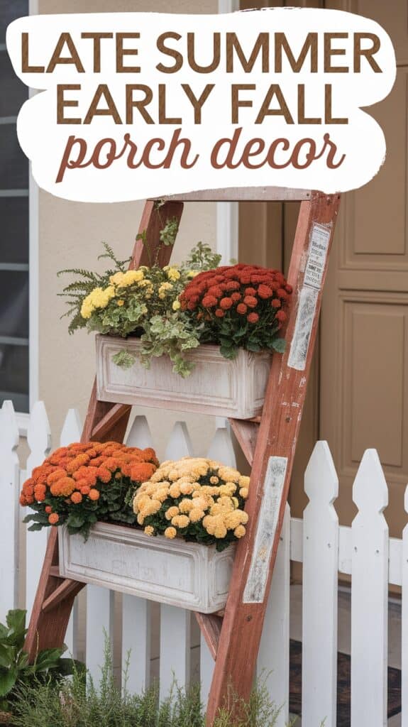 A wooden ladder displays pots of vibrant orange and yellow flowers in front of a white picket fence, with text describing "Late Summer Early Fall Porch Decor."