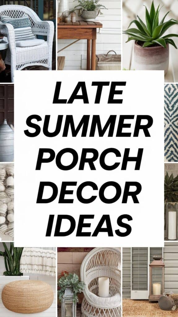 Collage of late summer porch decor ideas featuring wicker furniture, potted plants, and decorative pillows.