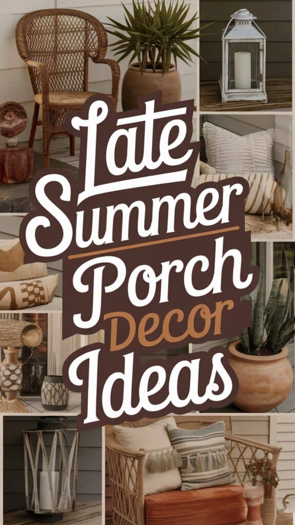 Collage of porch decor with text "Late Summer Porch Decor Ideas," featuring plants, lanterns, and cushions.