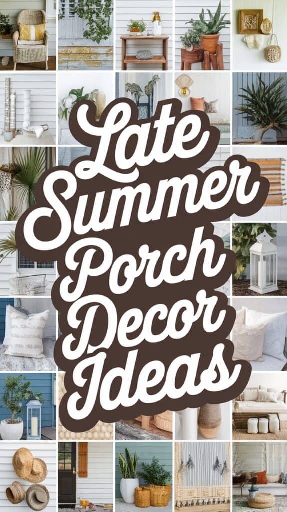 Collage of late summer porch decor ideas with plants, pillows, lanterns, and wooden accents.