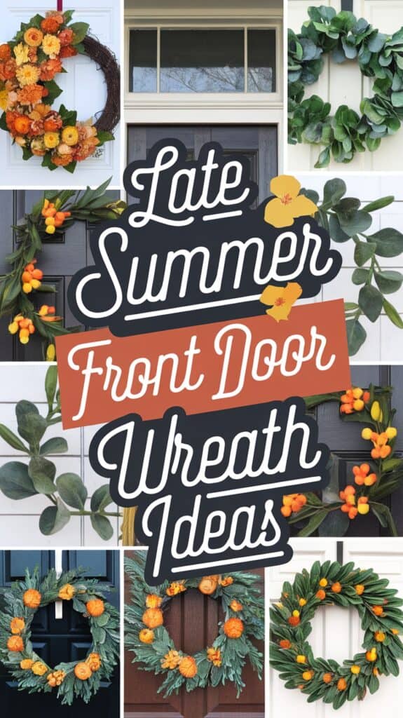 Collage of various door wreaths with flowers and greenery, displaying "Late Summer Front Door Wreath Ideas" text in the center.
