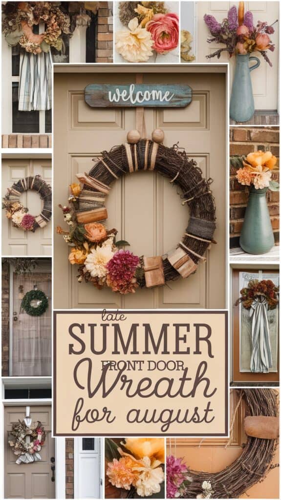Collage of front door wreaths featuring summer and fall decorations with flowers and ribbons, and text about late summer wreaths for August.