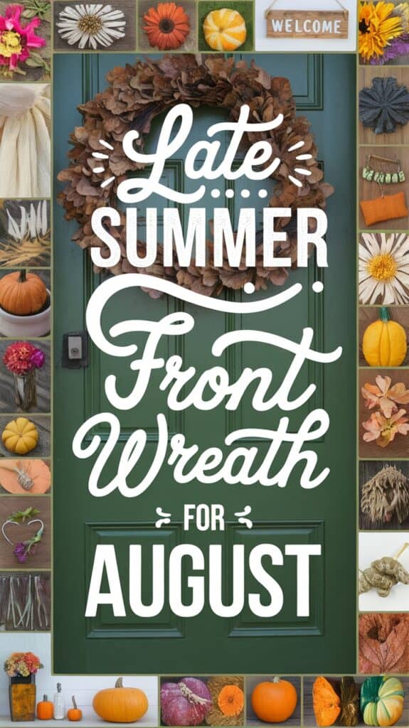 A green door with a wreath and text reading "Late Summer Front Wreath for August," surrounded by autumn-themed decorations.