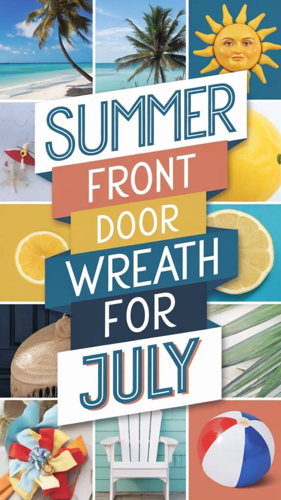 Collage with beach scenes, a sun face, and the text "Summer Front Door Wreath for July."