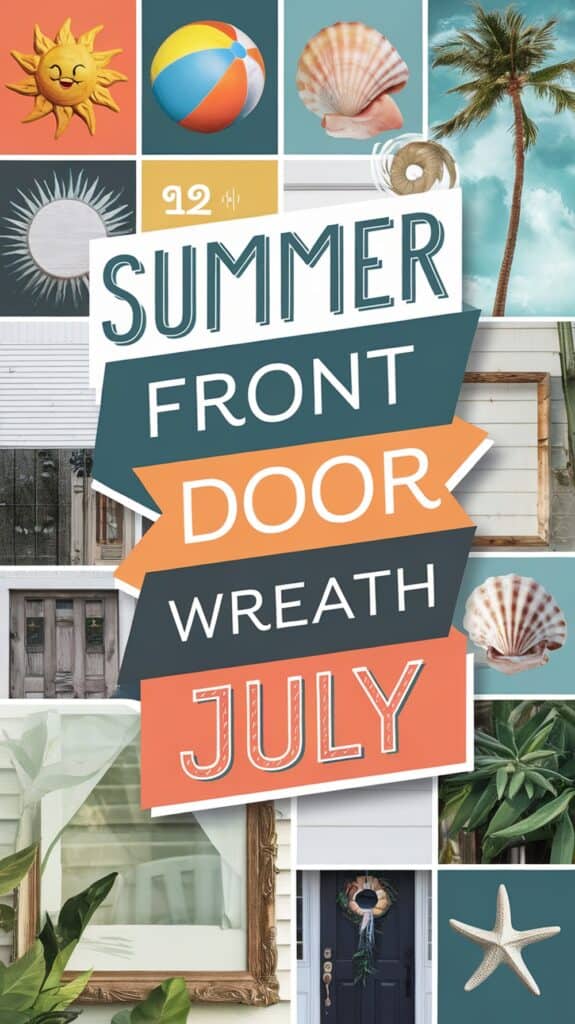 Collage featuring summer-themed items and text reading "Summer Front Door Wreath July" amid beach and sun illustrations.