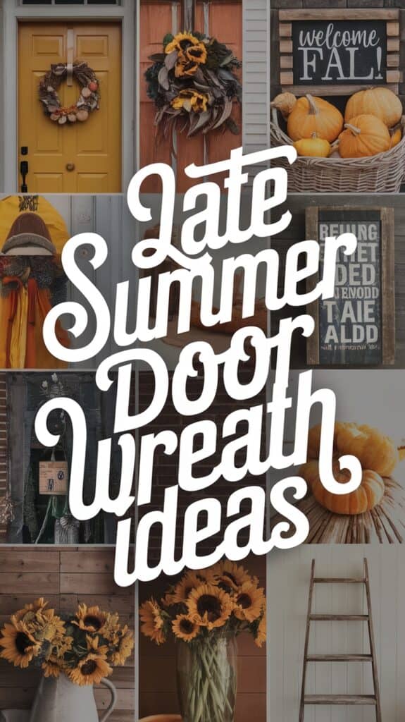 Collage of late summer door wreaths, pumpkins, and seasonal decor with the text "Late Summer Door Wreath Ideas."