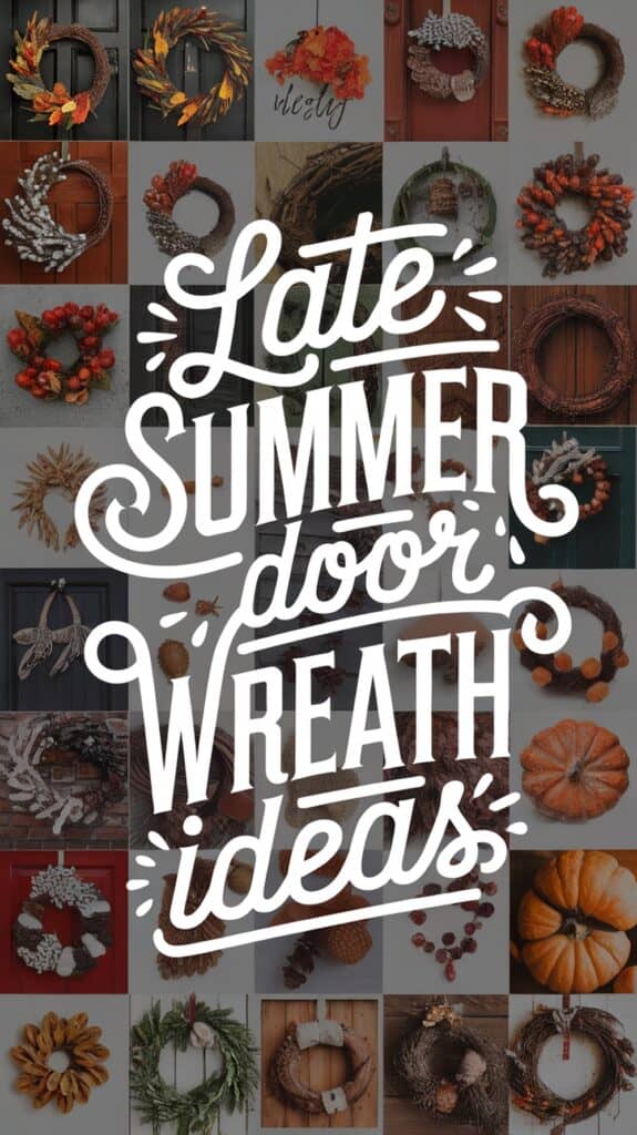 Collage of various late summer door wreaths with the text "Late Summer Door Wreath Ideas" in decorative lettering.