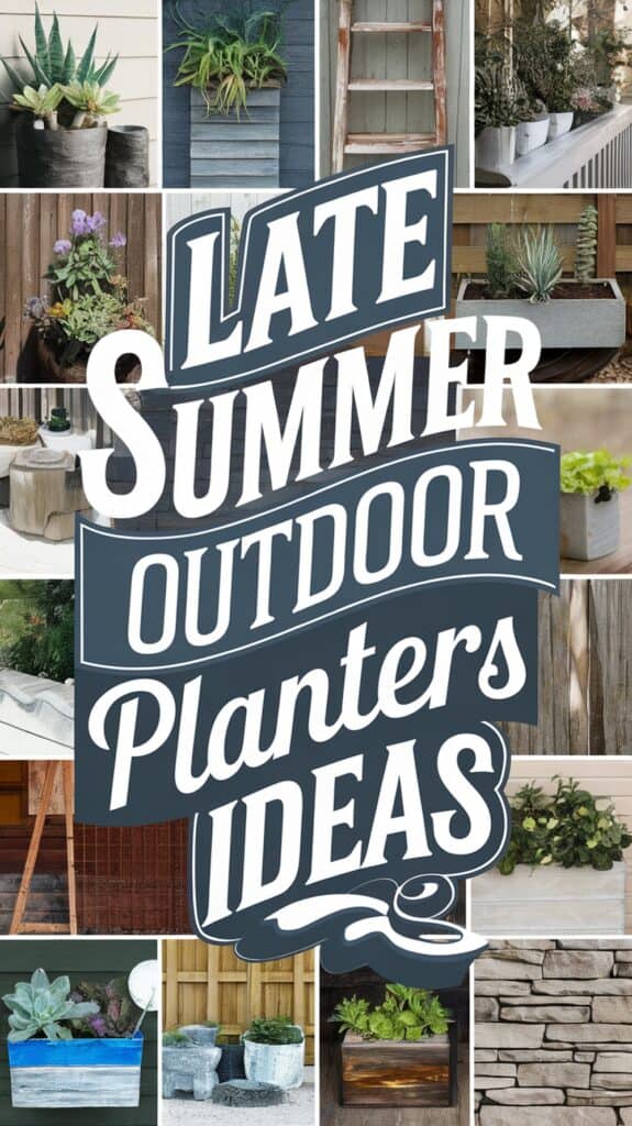 Collage of various outdoor planters with text reading "Late Summer Outdoor Planters Ideas."