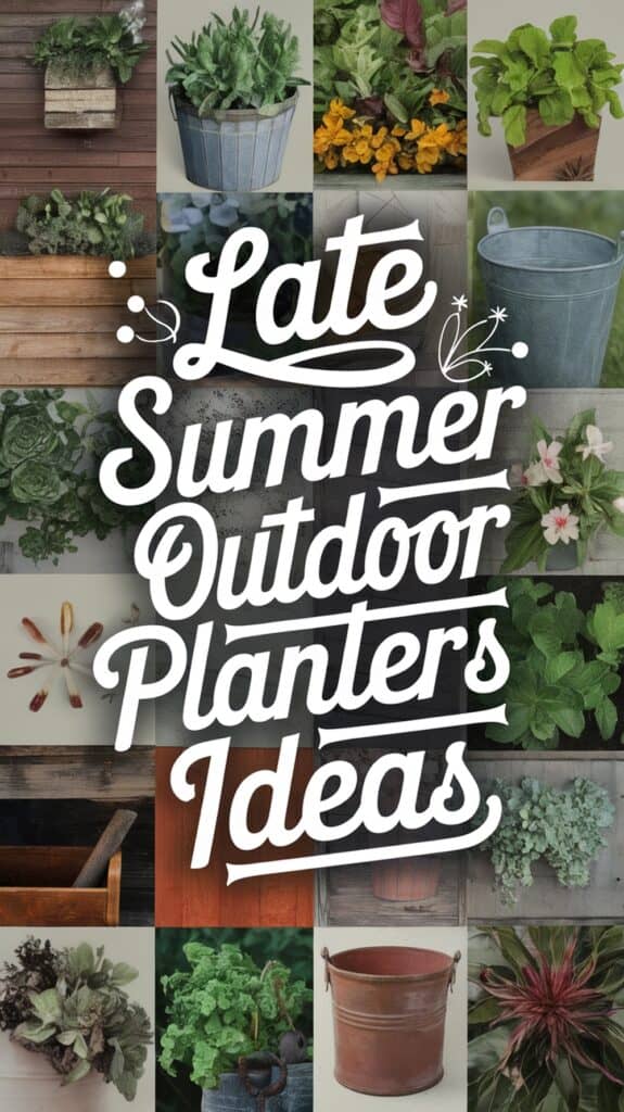 Collage of various outdoor planters with the text "Late Summer Outdoor Planters Ideas" in large, decorative font.