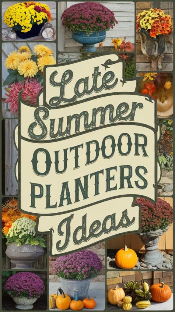 Collage of colorful fall flowers and pumpkins surrounding the text "Late Summer Outdoor Planters Ideas."
