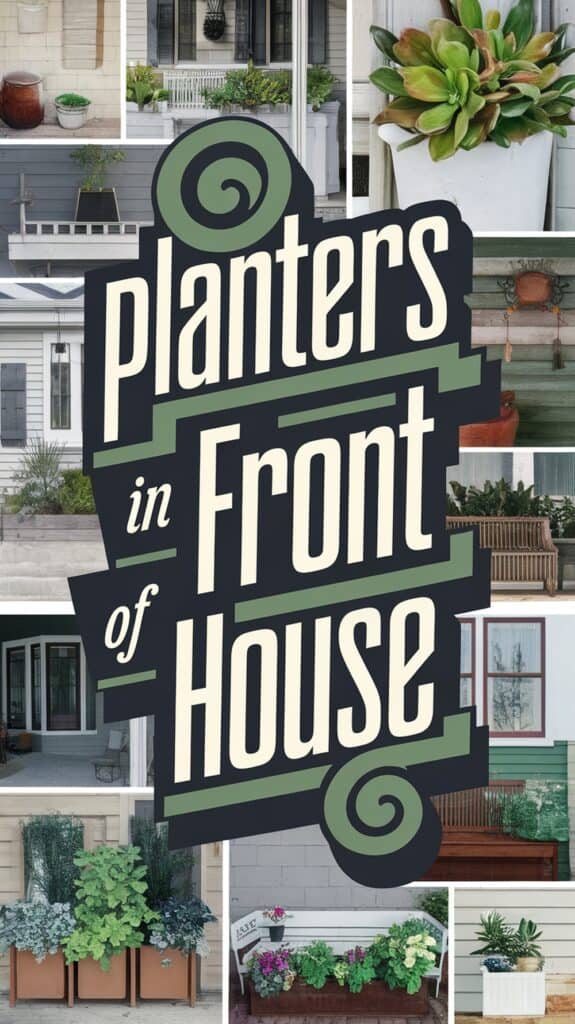 Collage of various planters in front of houses, featuring different plants and arrangements.