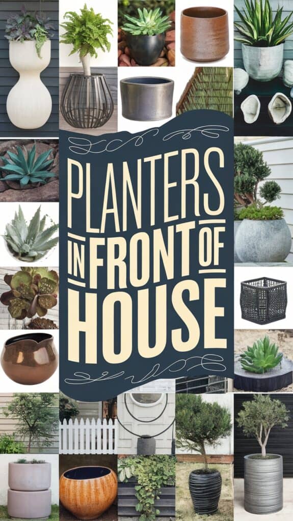 Collage of various planters with plants, centered text reads "Planters in Front of House."