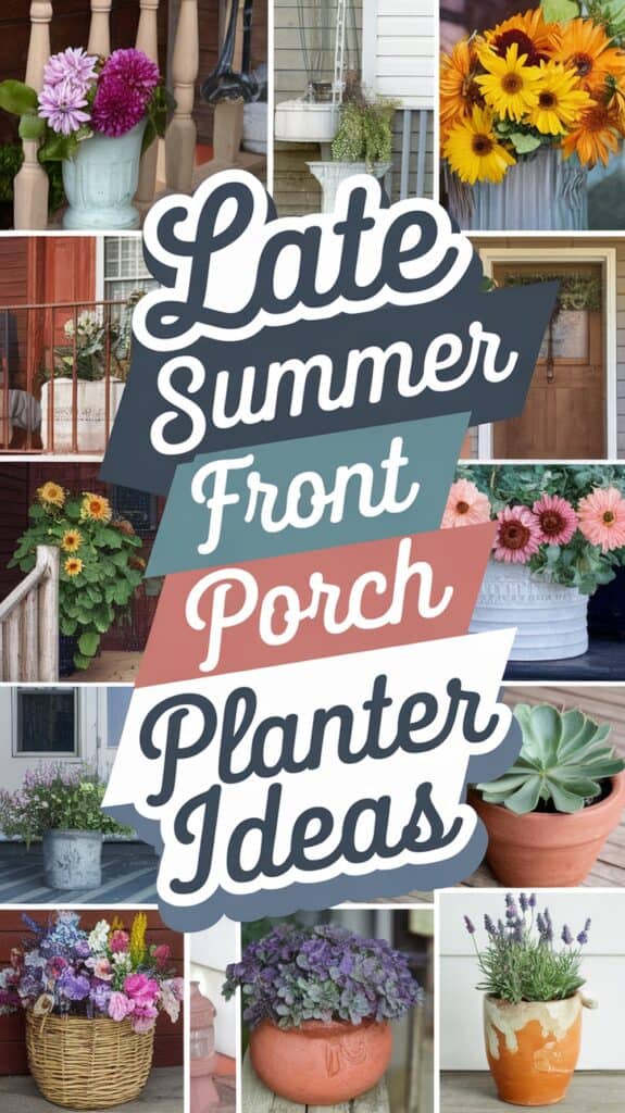 Collage of various planters with flowers and succulents, titled "Late Summer Front Porch Planter Ideas."