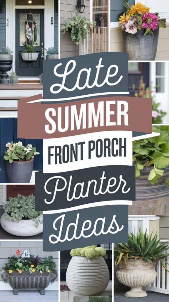 Collage of various plant arrangements on front porches with large text reading "Late Summer Front Porch Planter Ideas."