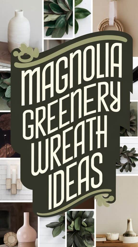 Text reads "Magnolia Greenery Wreath Ideas" with a collage of ceramic vases and magnolia leaves.