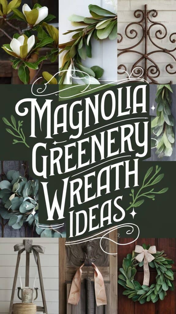 Collage of magnolia greenery wreaths with decorative text reading "Magnolia Greenery Wreath Ideas" in the center.