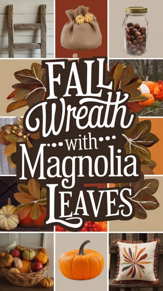 Collage with text "Fall Wreath with Magnolia Leaves" and images of pumpkins, a jar of nuts, and autumn-themed decor.