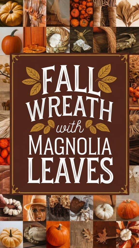 Collage of fall-themed items surrounding the text "Fall Wreath with Magnolia Leaves."