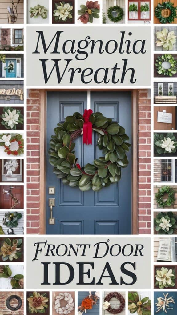 Collage of wreaths on doors with text "Magnolia Wreath" and "Front Door Ideas."