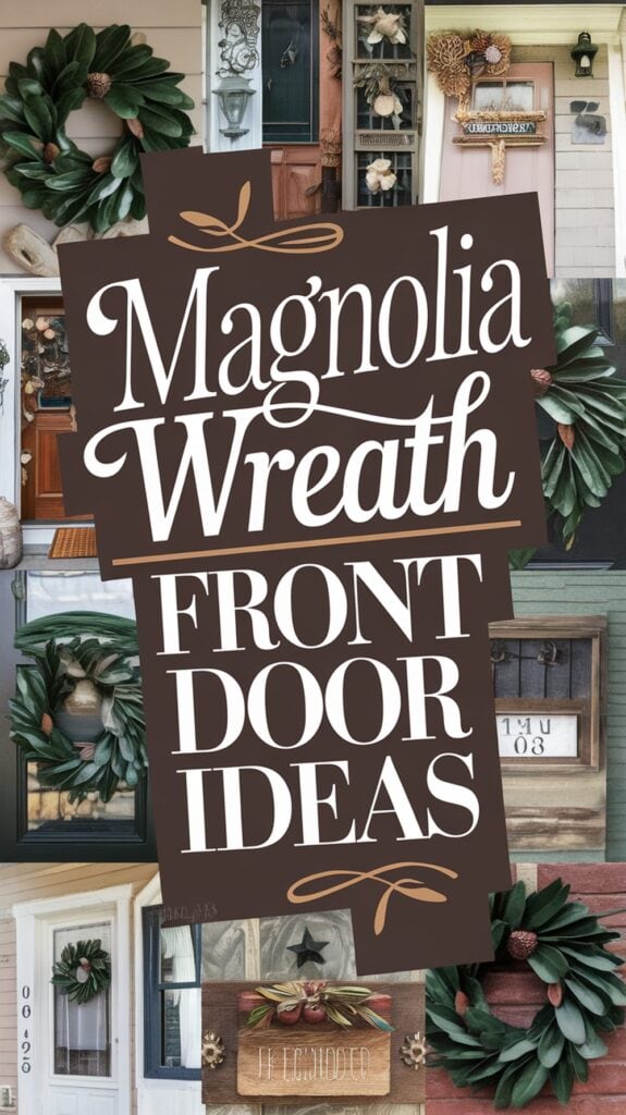 Collage of front doors with decorative magnolia wreaths and text reading "Magnolia Wreath Front Door Ideas."