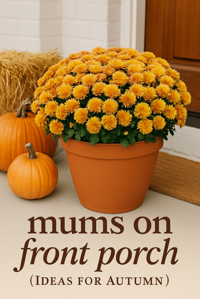 A pot of vibrant yellow mums on a porch with pumpkins, captioned "mums on front porch (Ideas for Autumn)."