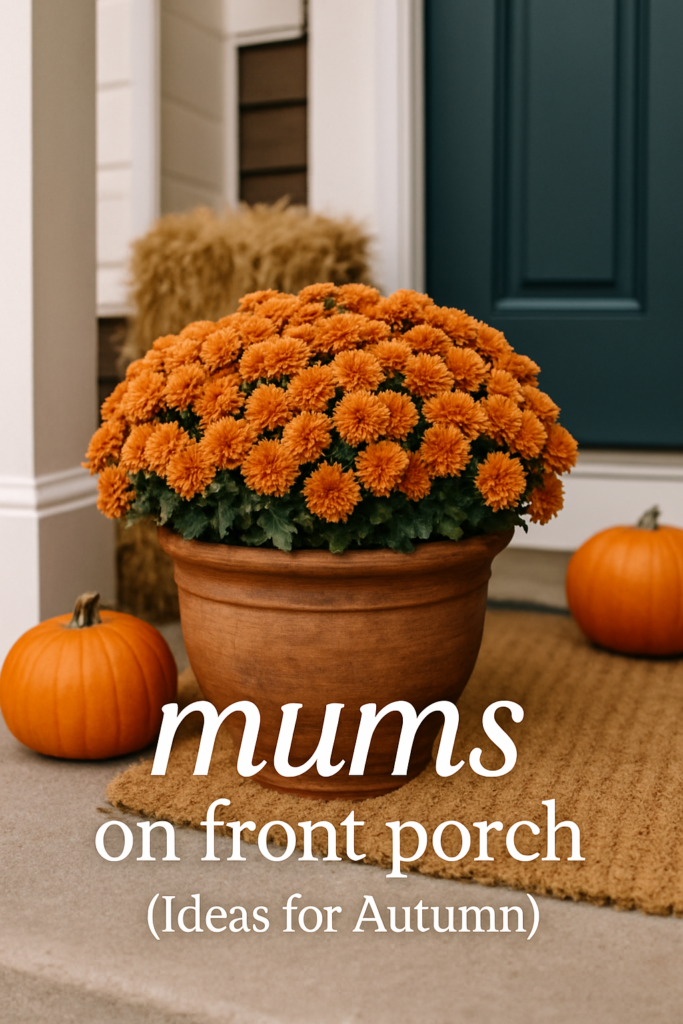 Orange mums in a pot on a front porch with pumpkins, captioned "mums on front porch (Ideas for Autumn)".