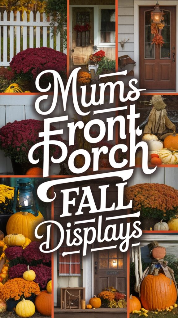 Collage of fall-themed porch displays with pumpkins, mums, and decorative items surrounding the words "Mum's Front Porch Fall Displays."