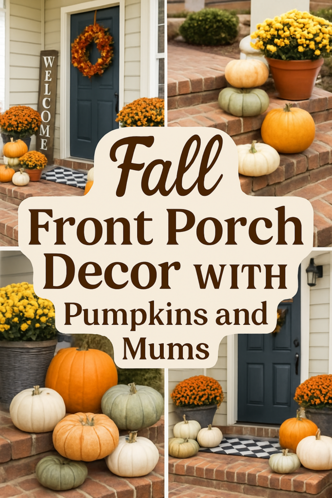 Fall-themed porch with a blue door, pumpkins, and mums in yellow and orange pots, plus a welcome sign.