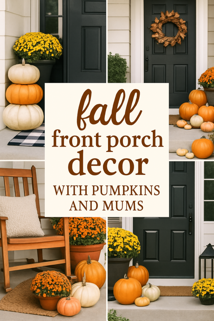 Collage of a front porch with pumpkins, chrysanthemums, a wreath on the door, and a wooden chair arranged for fall decor.