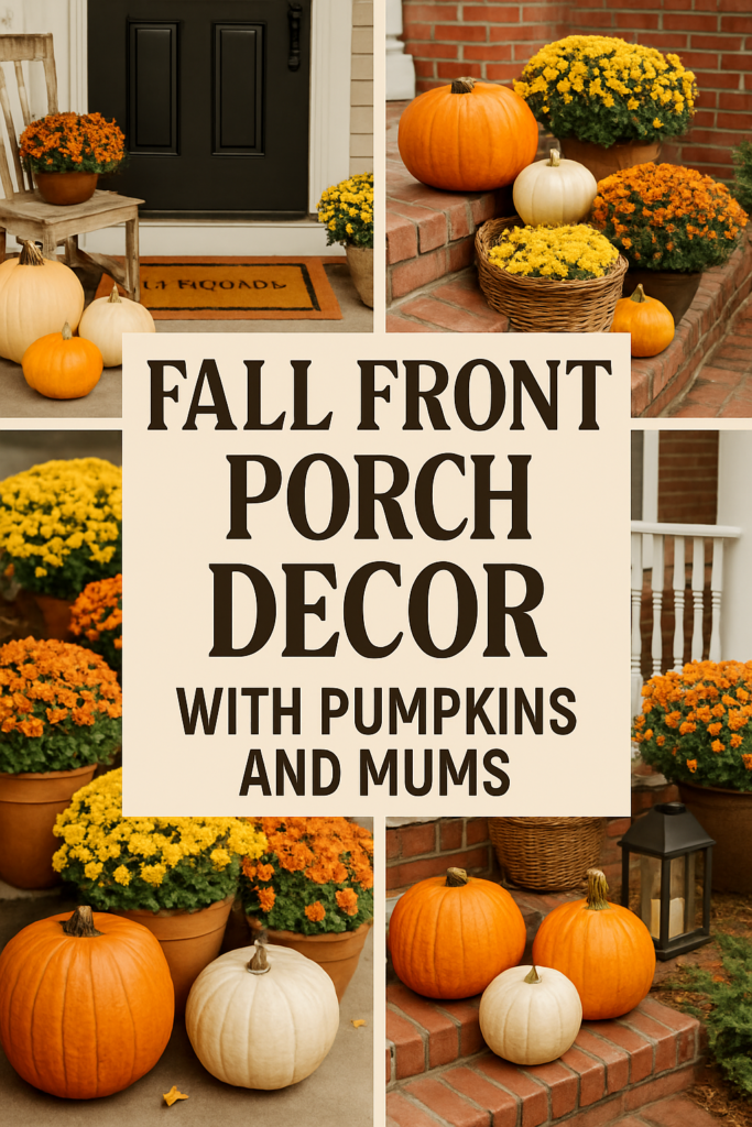 Collage of fall porch decor featuring pumpkins and colorful mums in baskets and next to a lantern.
