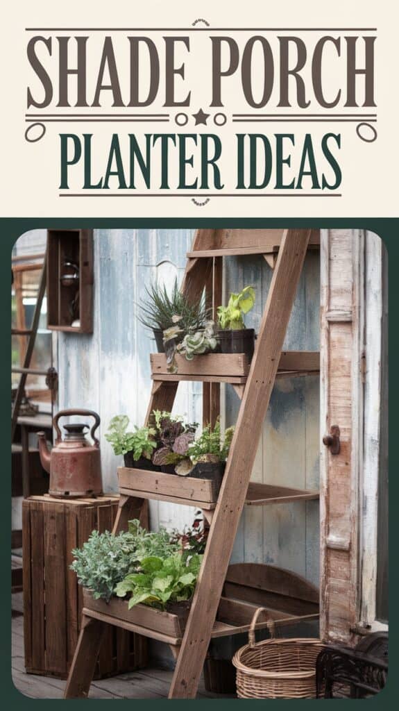 Wooden ladder shelf with potted plants against a rustic wall, under text "Shade Porch Planter Ideas."