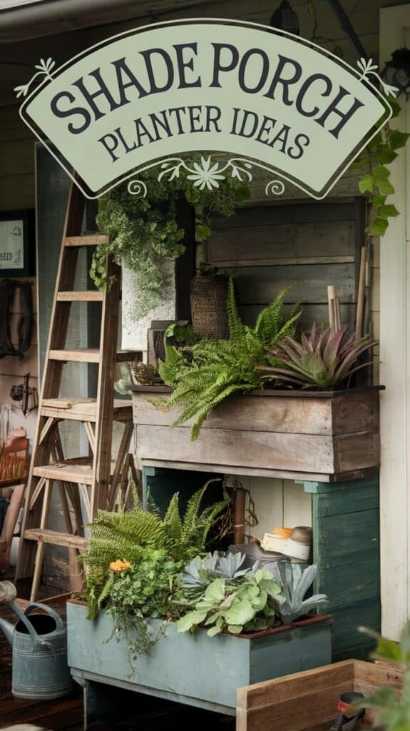 A rustic porch with various shade-loving plants in wooden planters, a wooden ladder, and a watering can nearby.