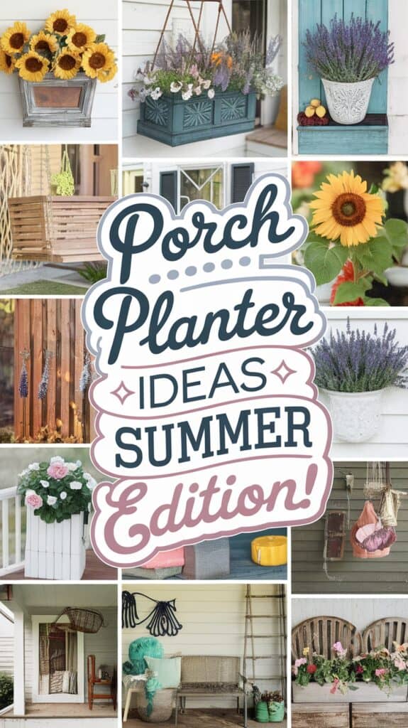 Collage of porch planter ideas with sunflowers, lavender, roses, and various decorative containers in a summer setting.
