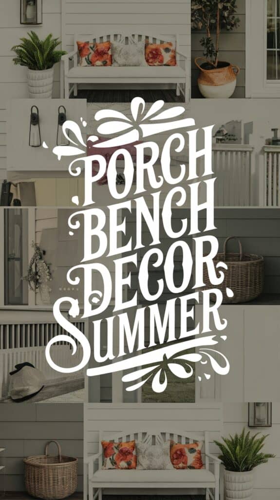 Collage of porch benches with floral pillows, a wicker basket, and decorative summer details.