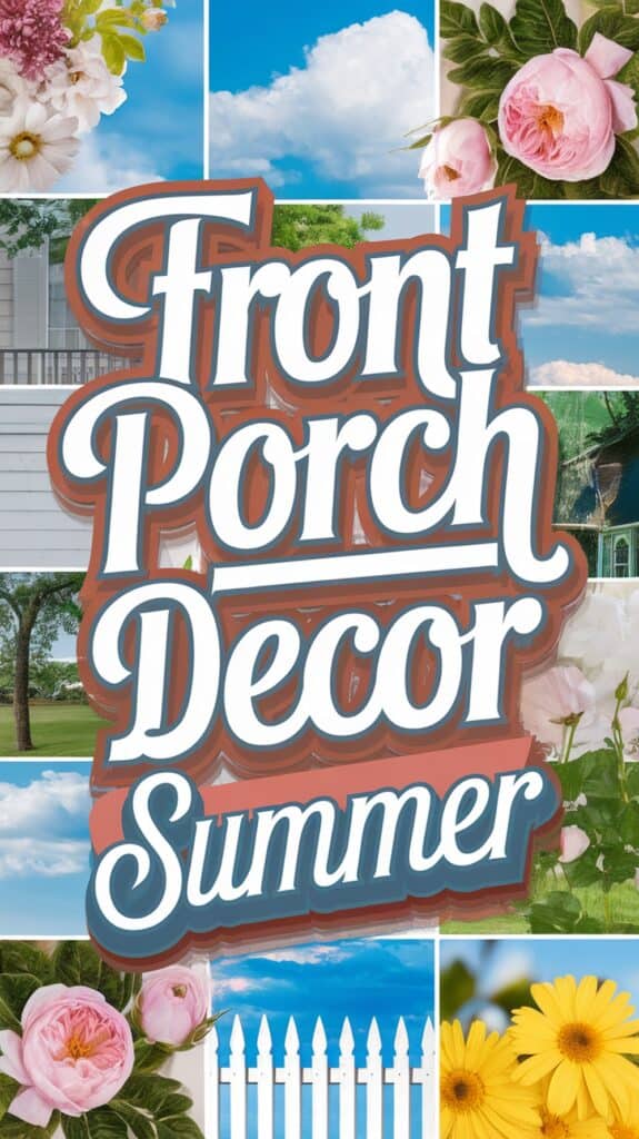 Collage of flowers, clouds, and a white fence with the text "Front Porch Decor Summer" in large letters.