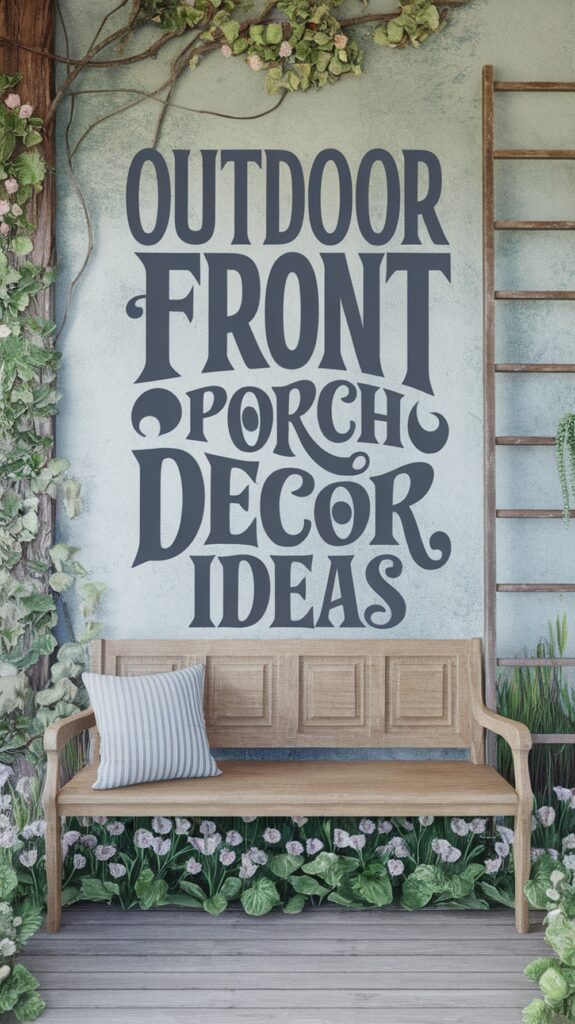 Wooden bench with a striped pillow against a wall with the text "Outdoor Front Porch Decor Ideas," surrounded by greenery and flowers.