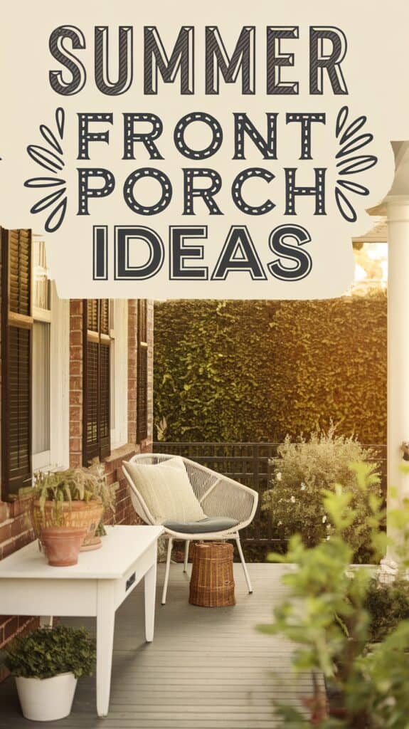 A cozy front porch with a white bench, a wicker chair, and potted plants, under the text "Summer Front Porch Ideas."