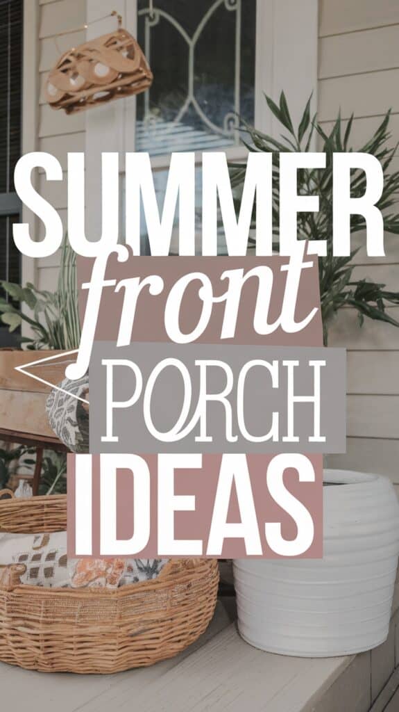Text reading "SUMMER front PORCH IDEAS" over a porch scene with potted plants and wicker baskets.